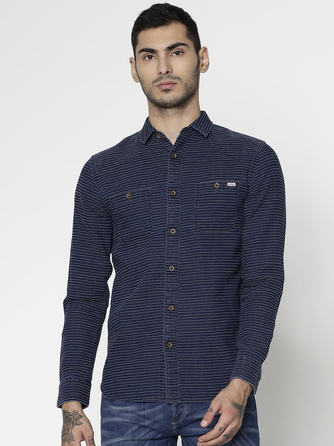 Blue Striped Dobby Slim Fit Full Sleeves Shirt - S