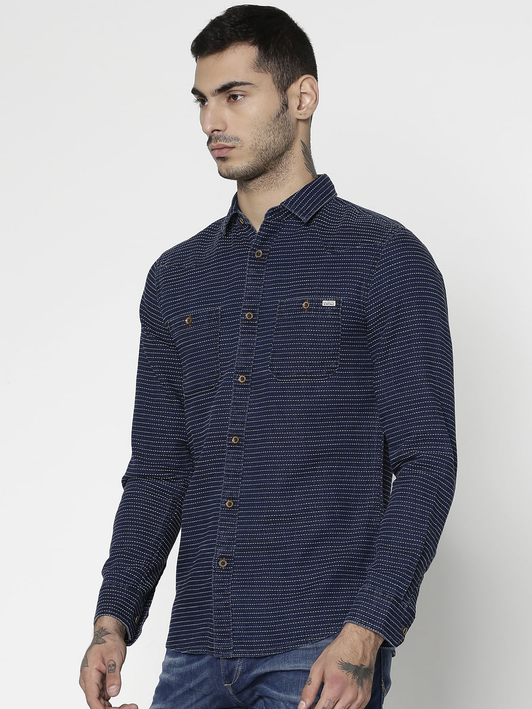 Blue Striped Dobby Slim Fit Full Sleeves Shirt
