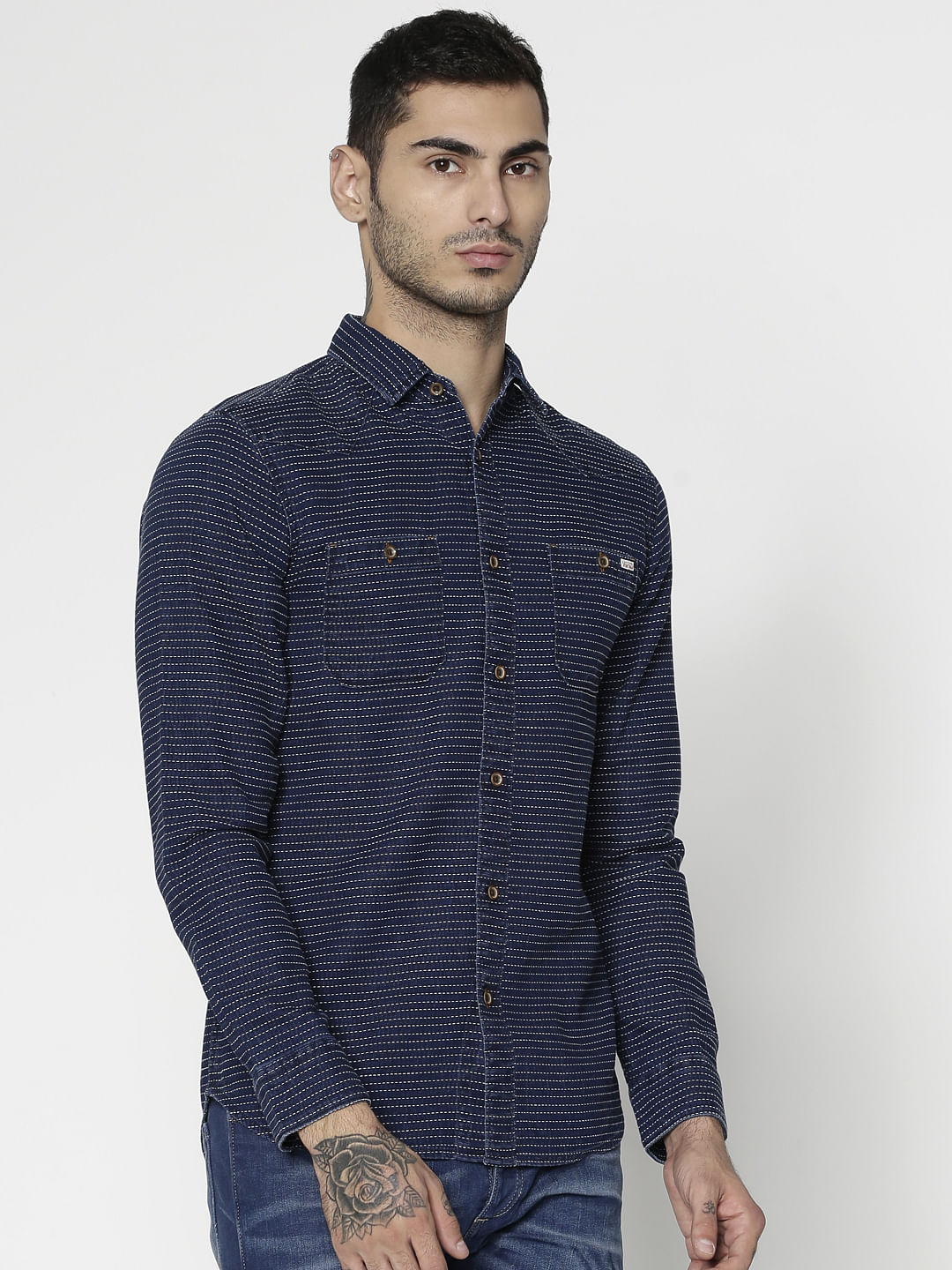 Blue Striped Dobby Slim Fit Full Sleeves Shirt