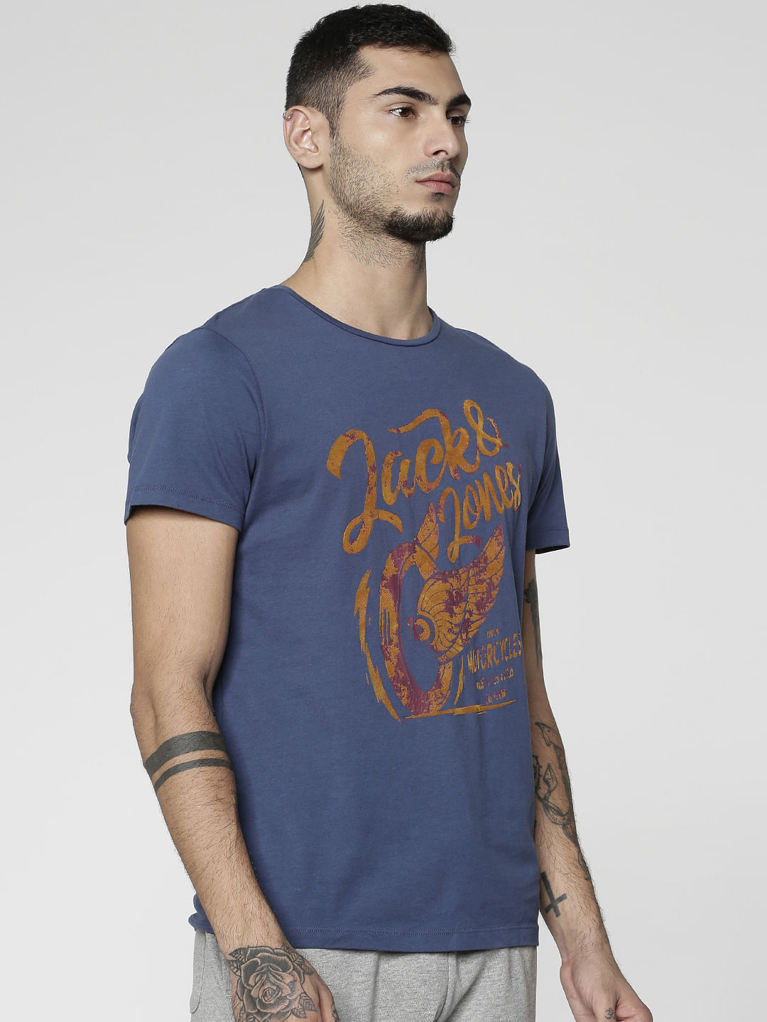 Blue Logo Print Crew Neck T-Shirt