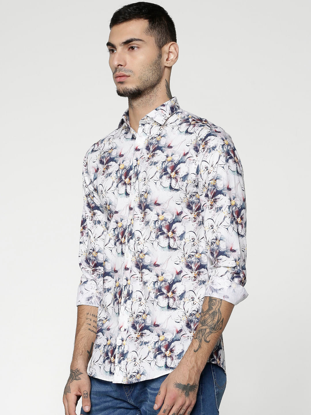 White All Over Floral Print Slim Fit Full Sleeves Shirt