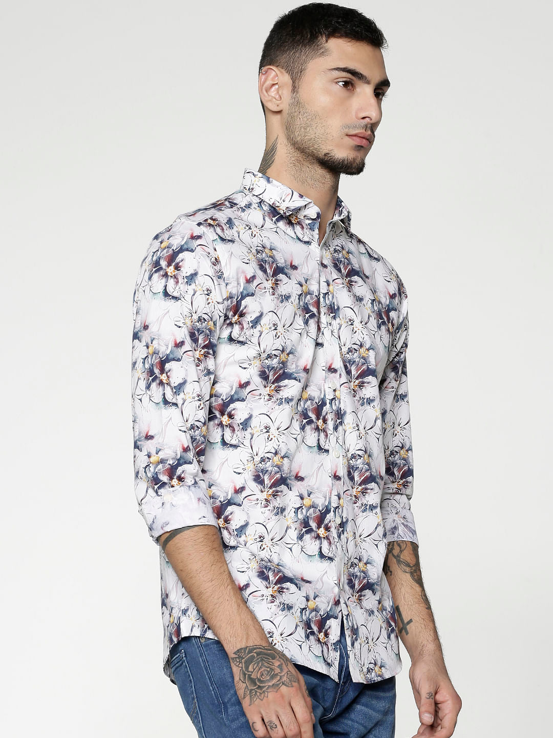White All Over Floral Print Slim Fit Full Sleeves Shirt
