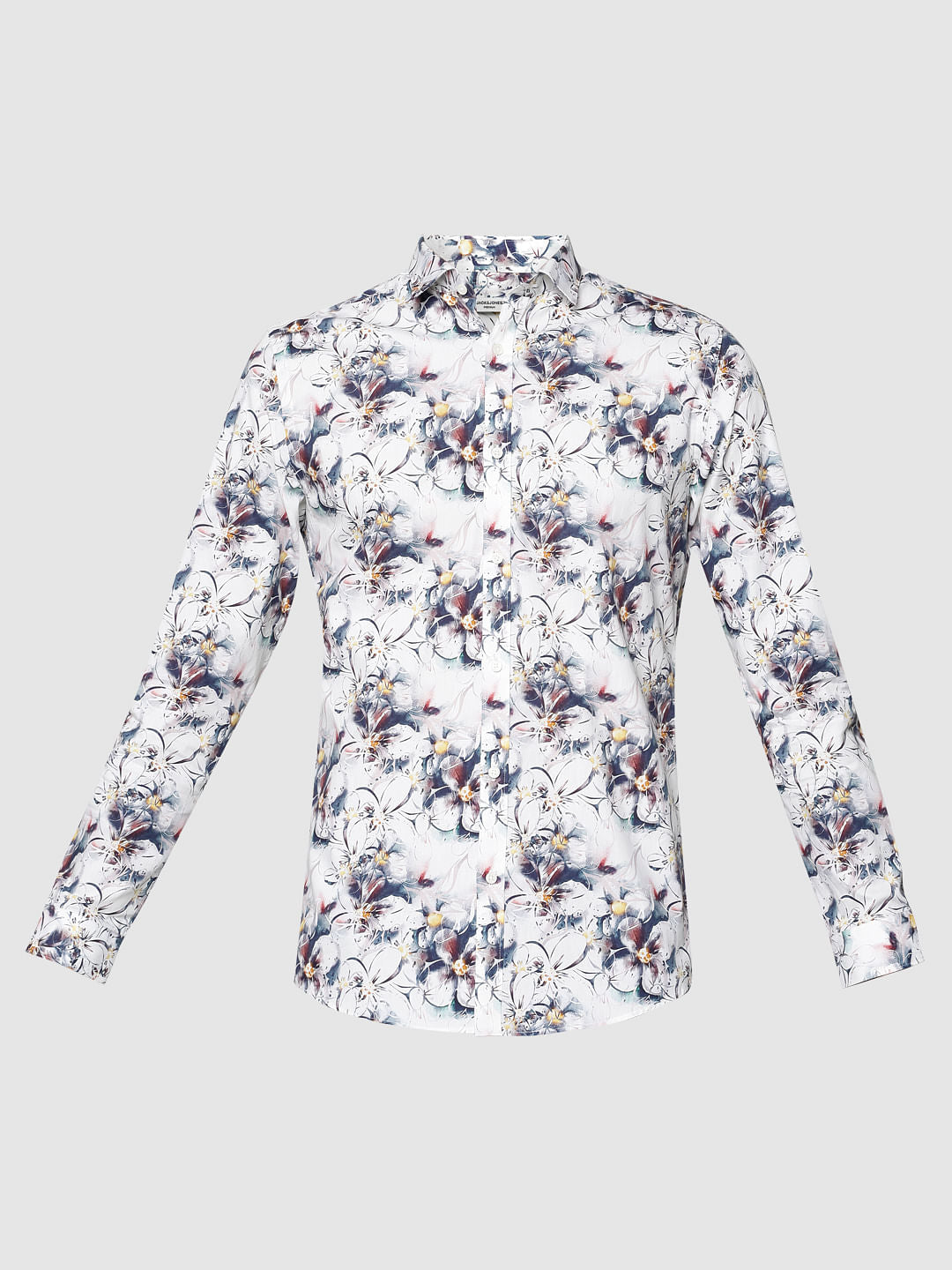 White All Over Floral Print Slim Fit Full Sleeves Shirt