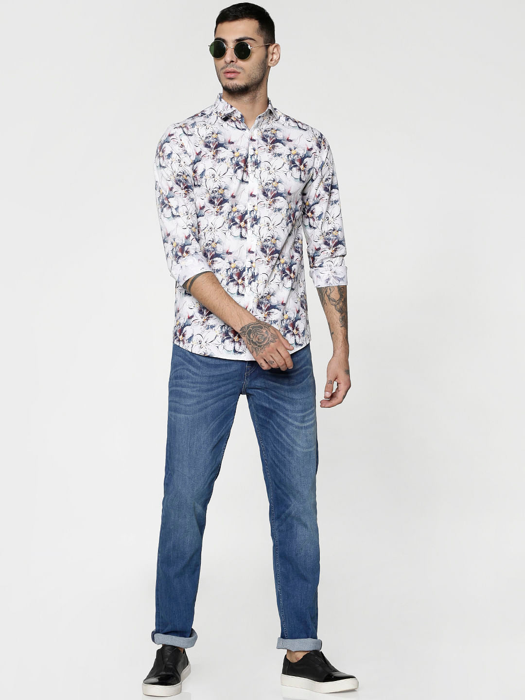 White All Over Floral Print Slim Fit Full Sleeves Shirt