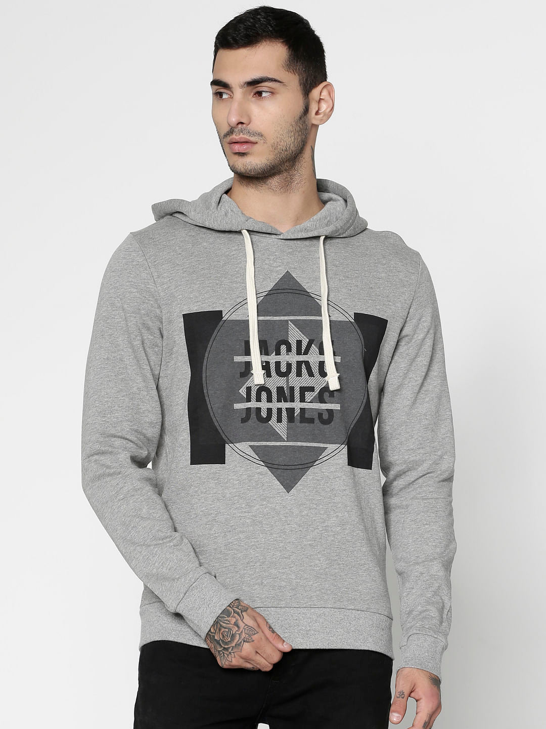 Grey Graphic Print Hooded Sweatshirt