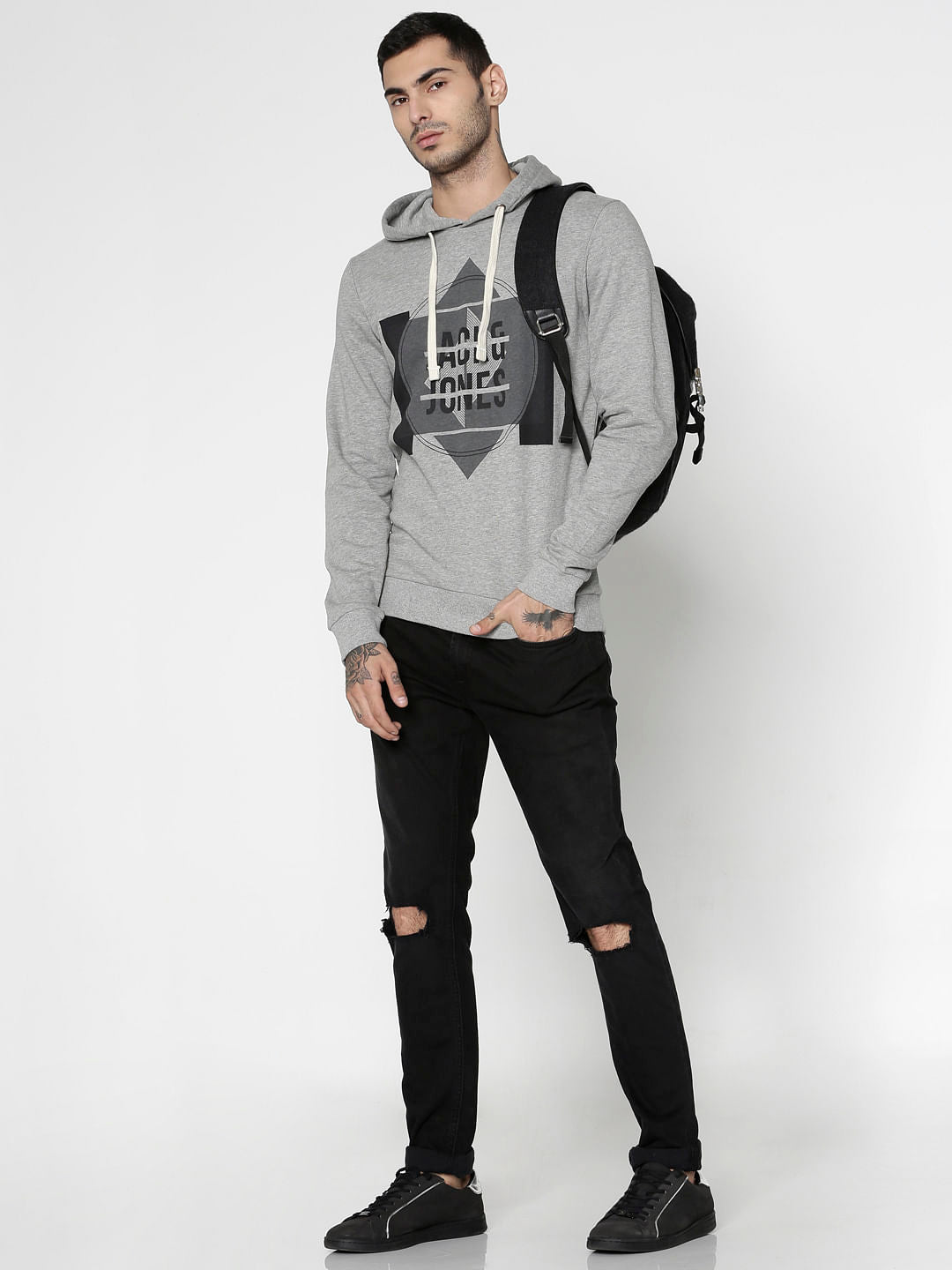 Grey Graphic Print Hooded Sweatshirt