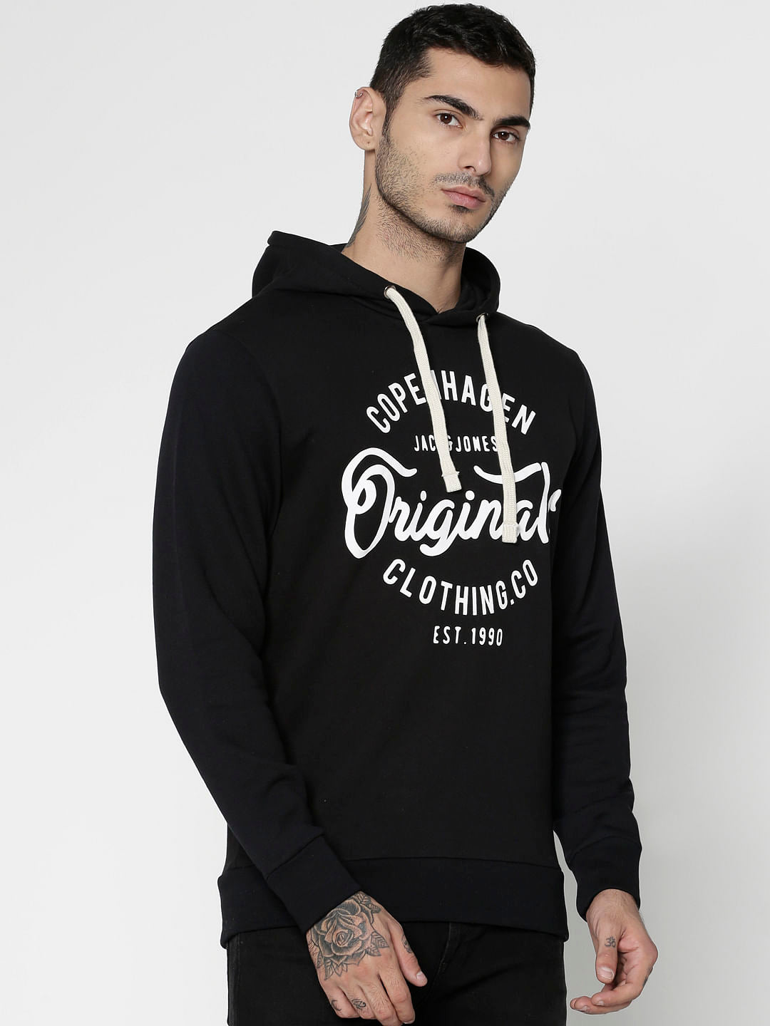 Black Text Print Hooded Sweatshirt