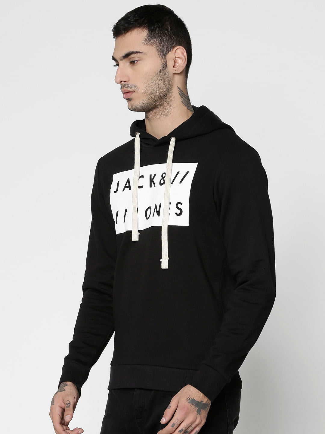 Black Text Print Hooded Sweatshirt
