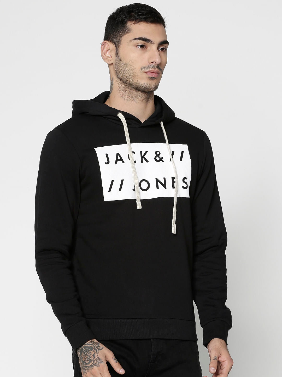 Black Text Print Hooded Sweatshirt