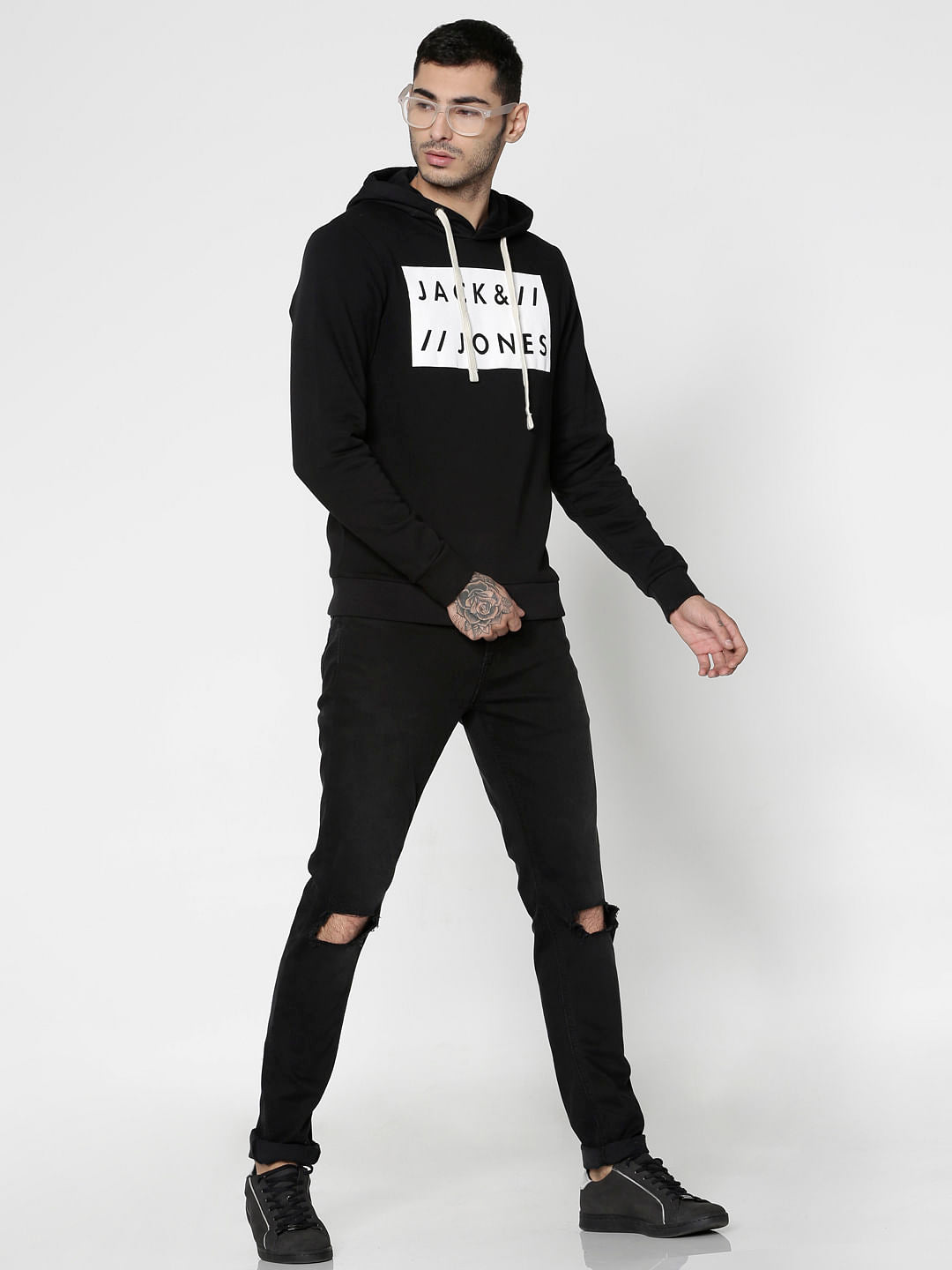 Black Text Print Hooded Sweatshirt