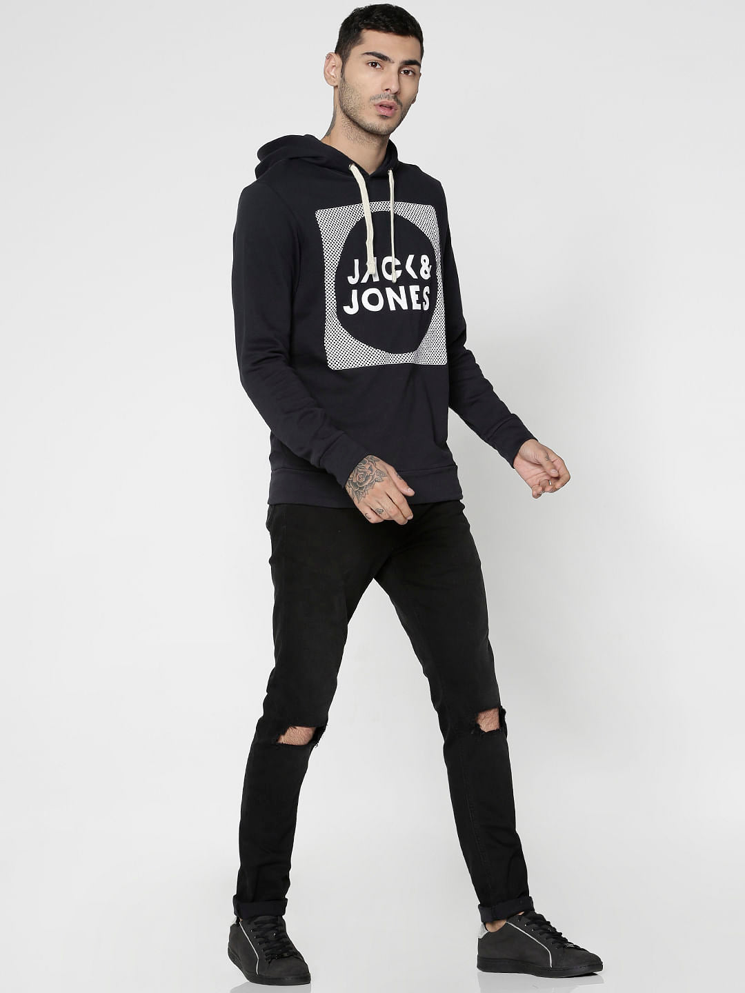 Black Logo Print Hooded Sweatshirt