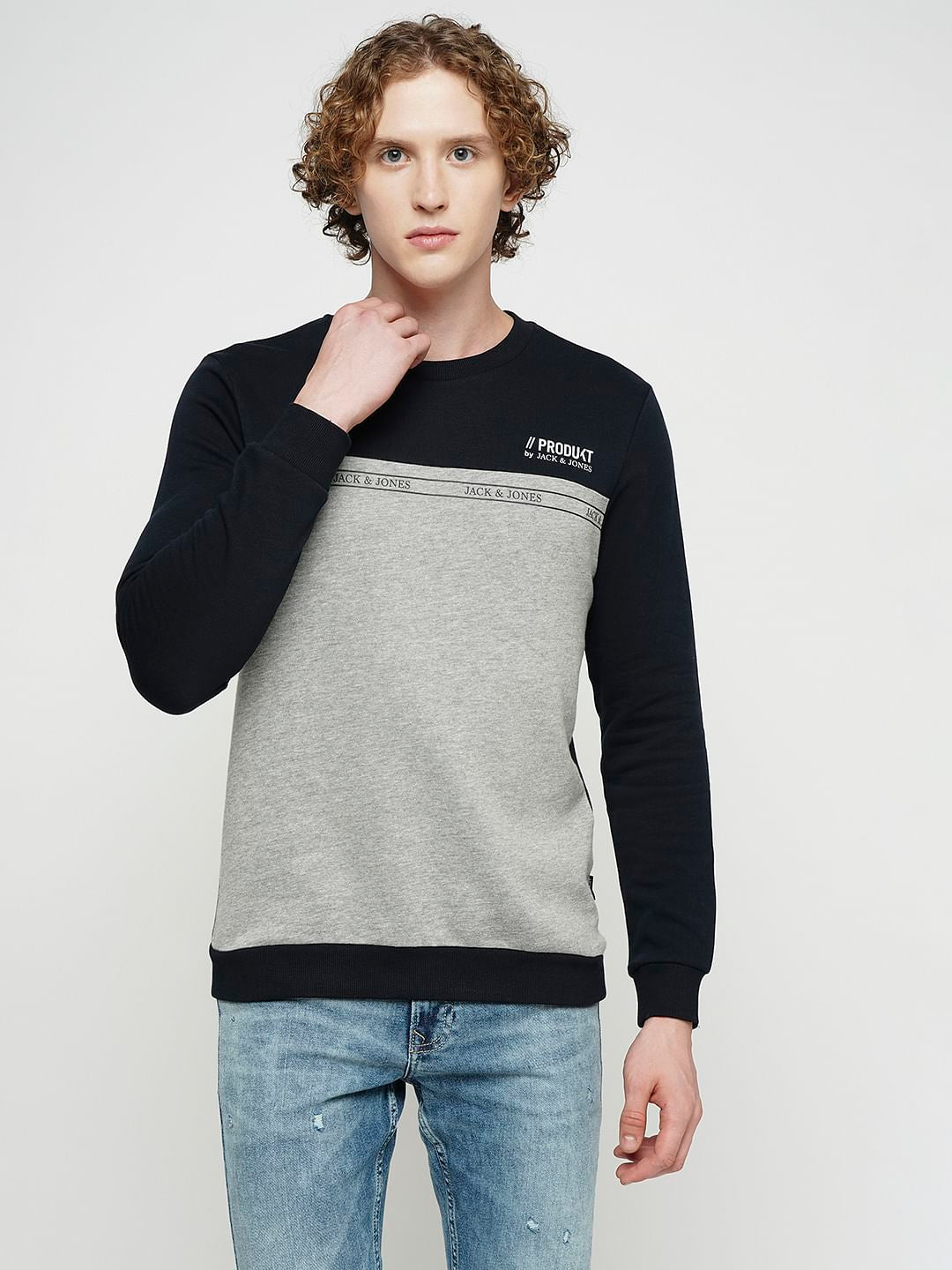 PRODUKT by JACK&JONES Grey Colourblocked Cotton Sweatshirt