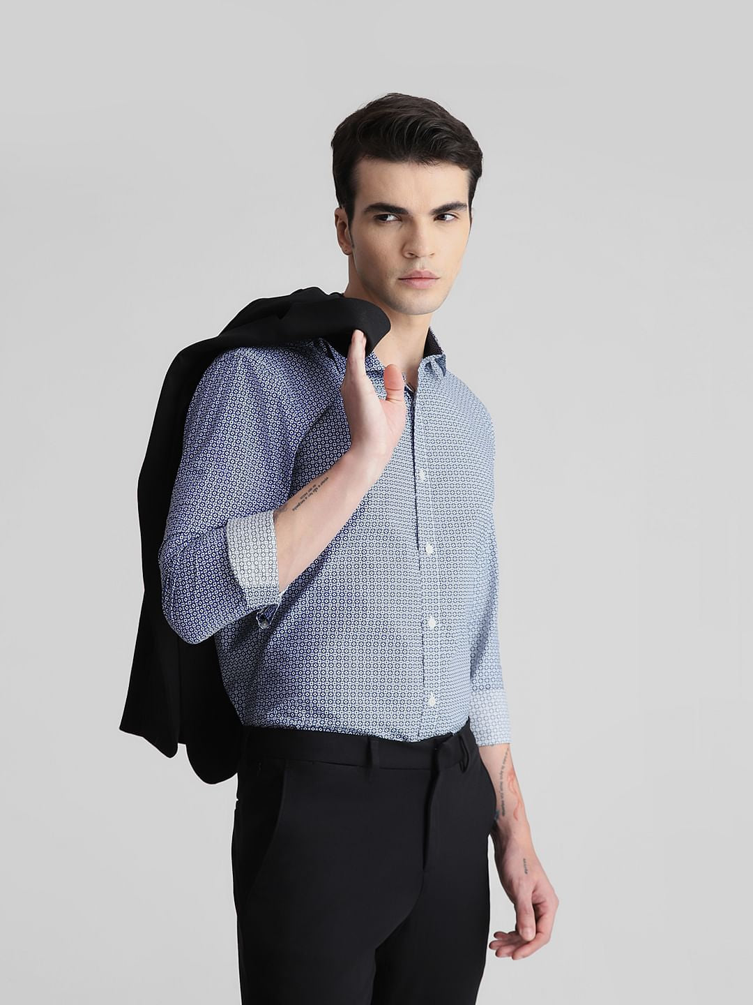 White & Blue Print Full Sleeves Shirt - S