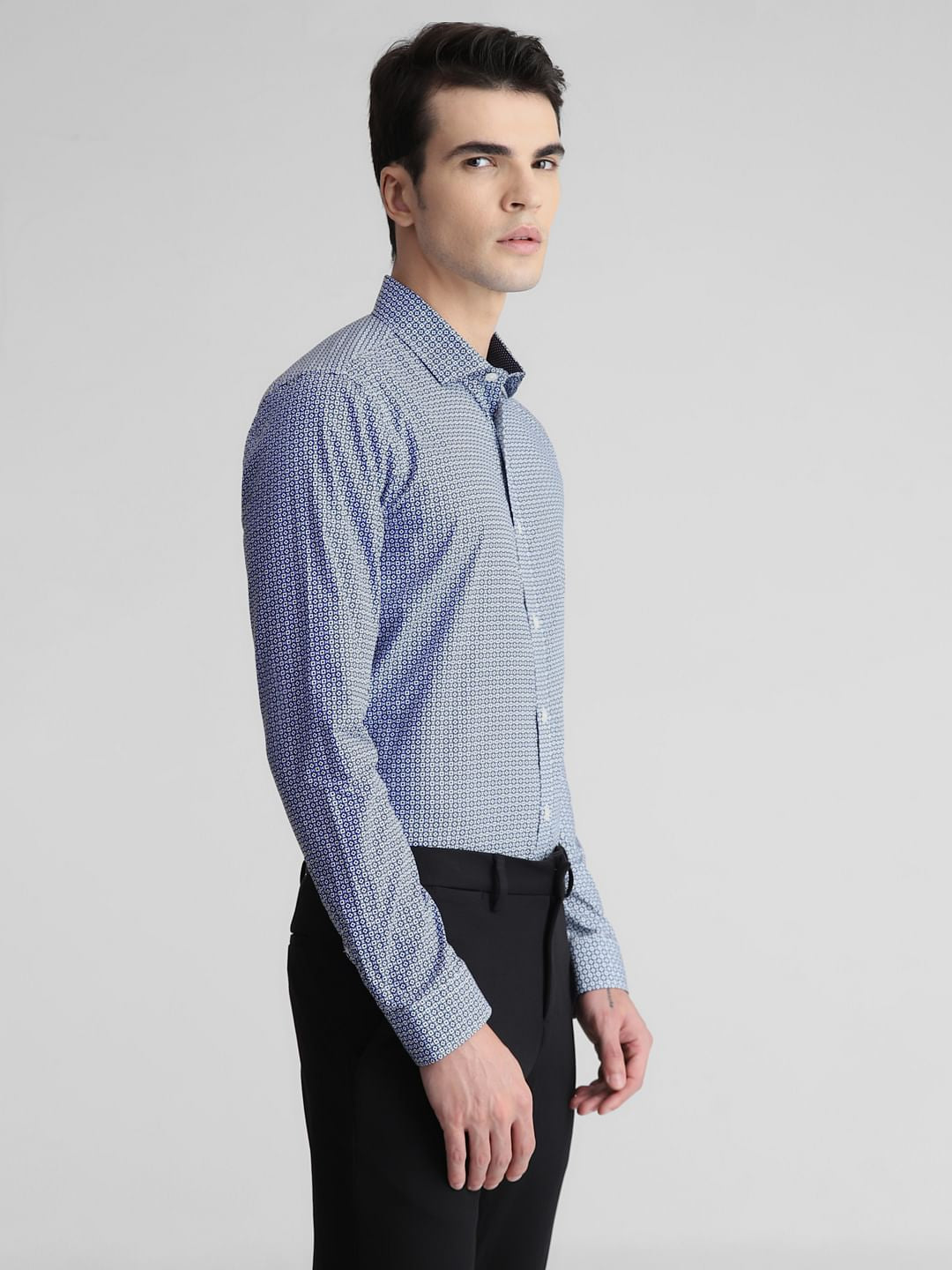 White & Blue Print Full Sleeves Shirt