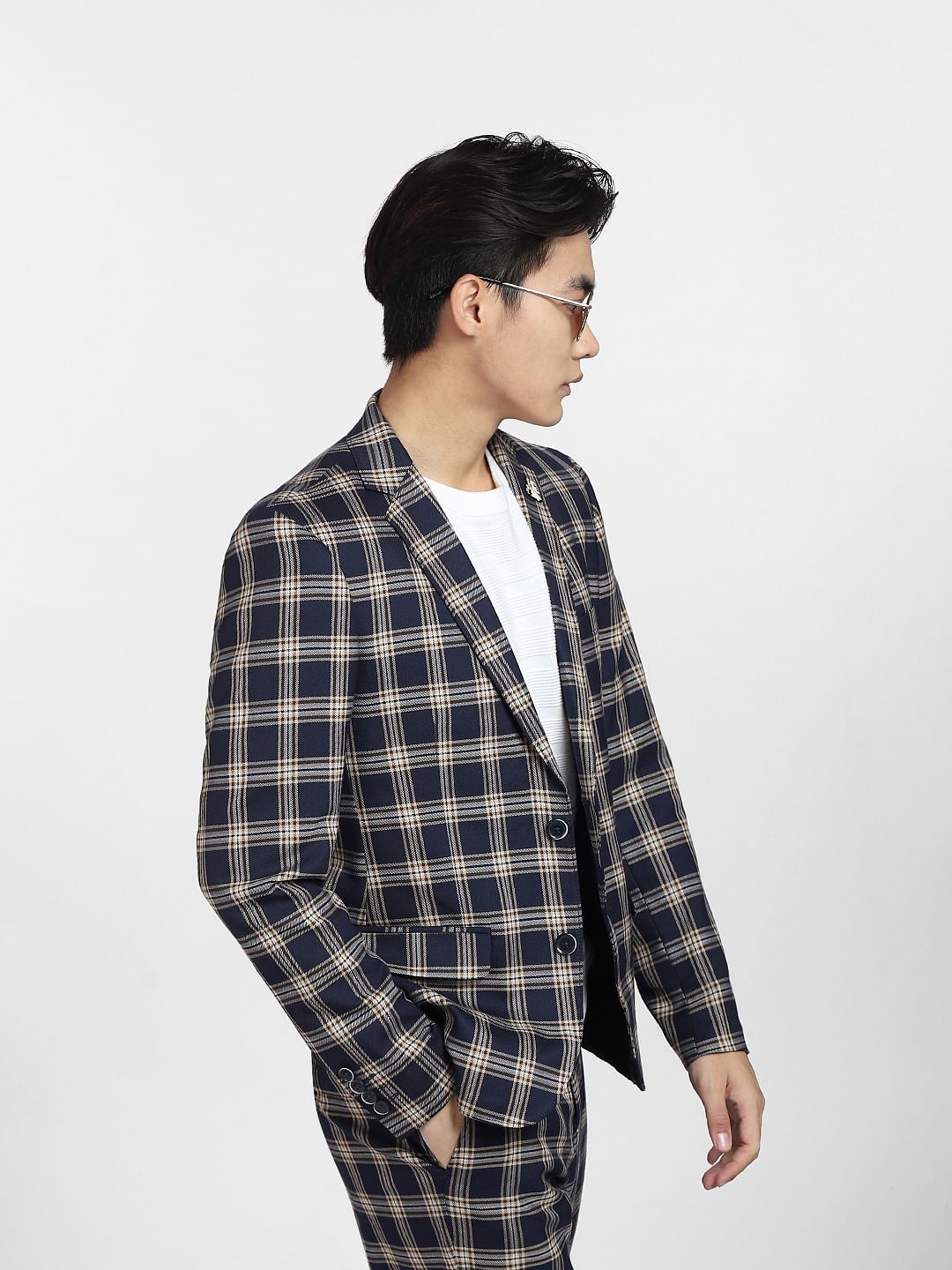 Blue Check Print Blazer