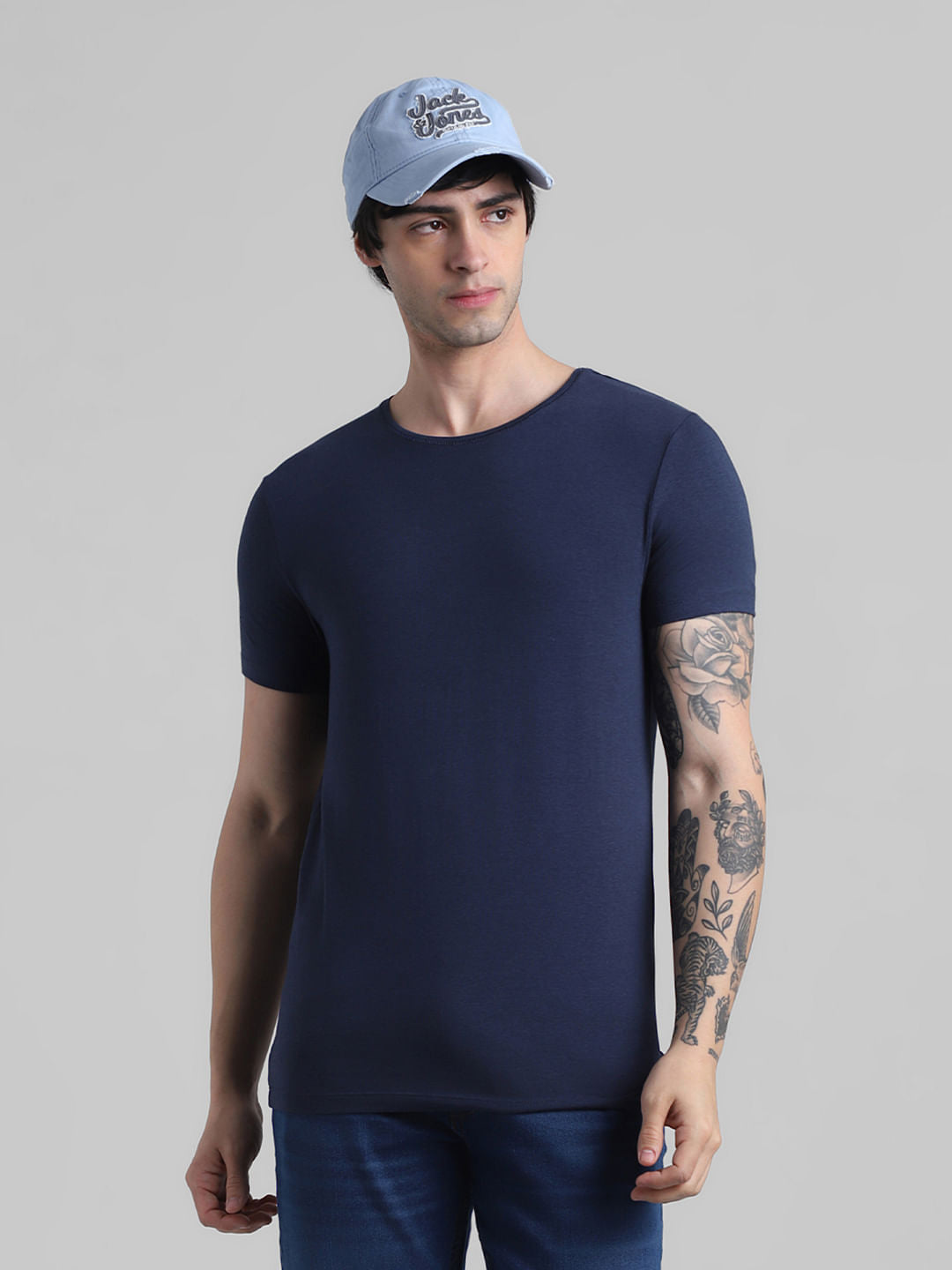 Dark Blue Basic Crew Neck T-shirt - S