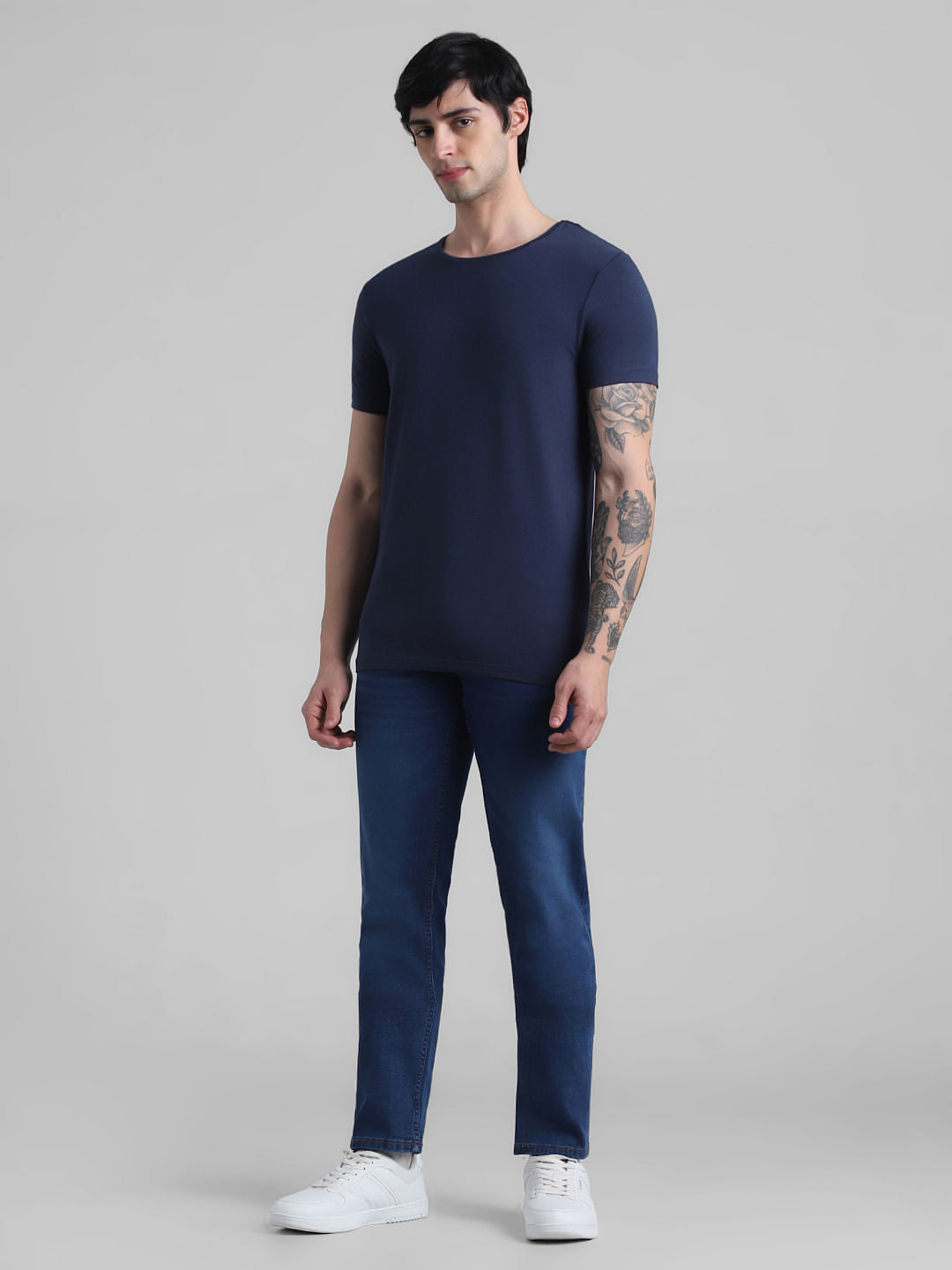 Dark Blue Basic Crew Neck T-shirt