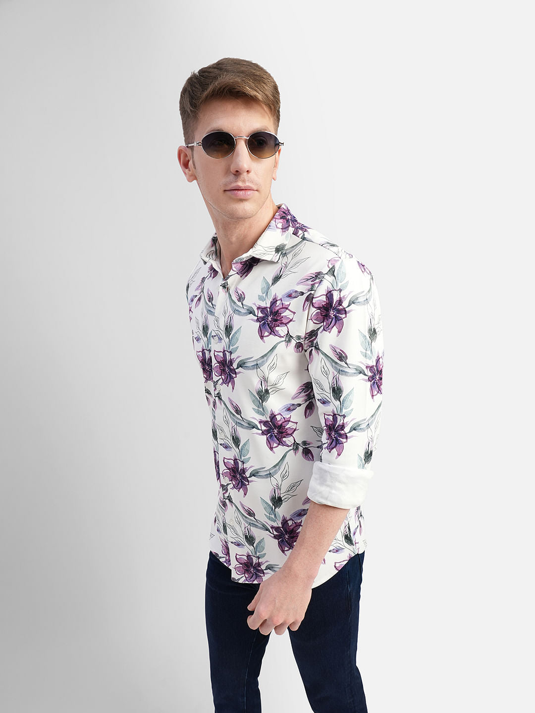 White Floral Full Sleeves Shirt - S