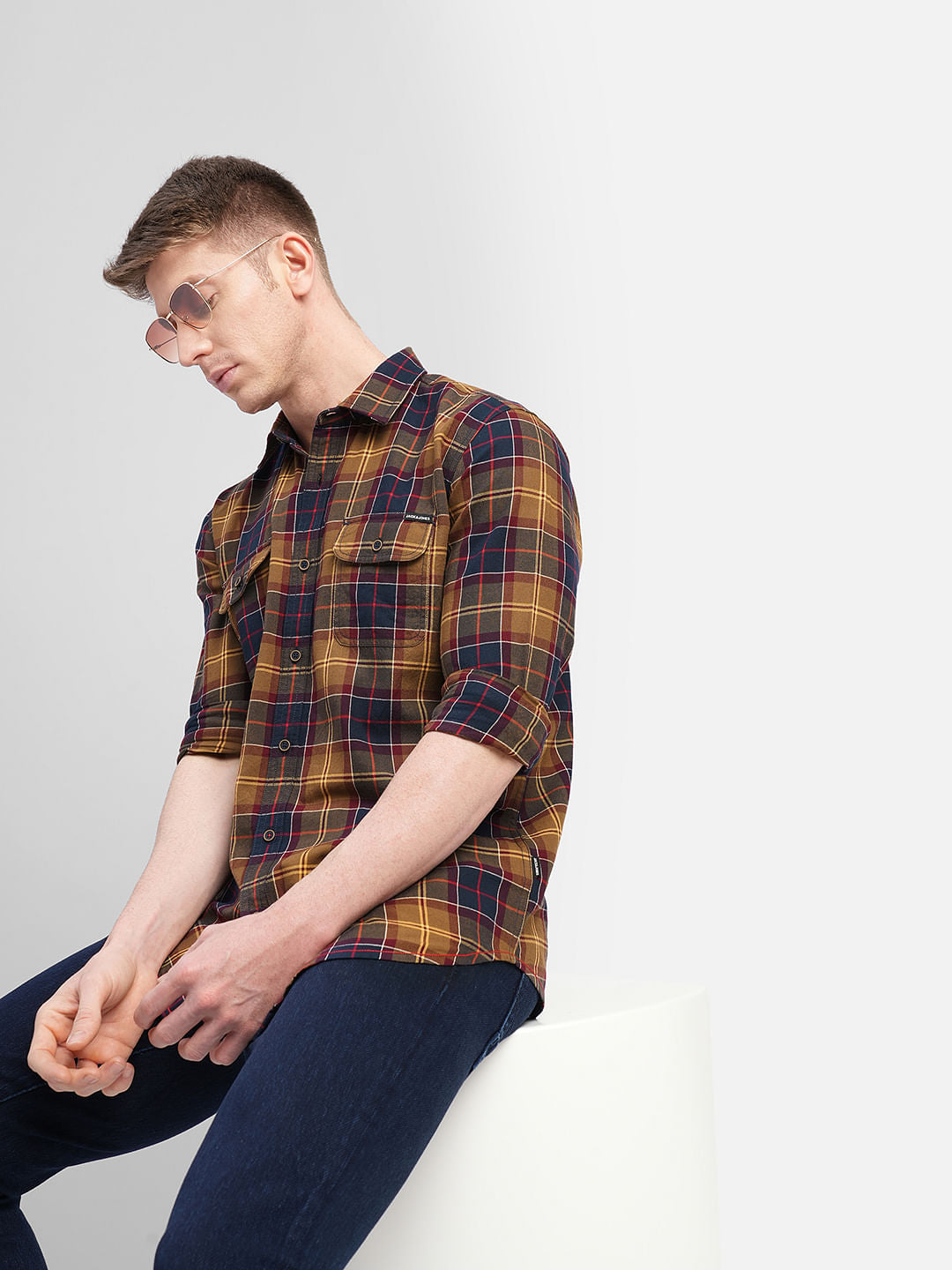 Brown Check Print Full Sleeves Shirt - S