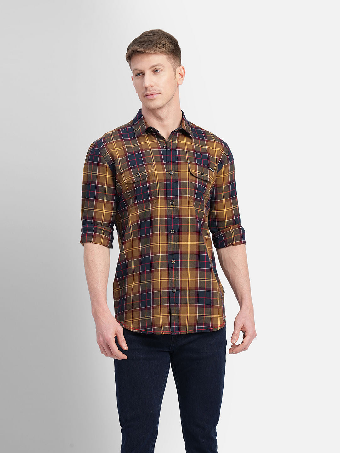 Brown Check Print Full Sleeves Shirt