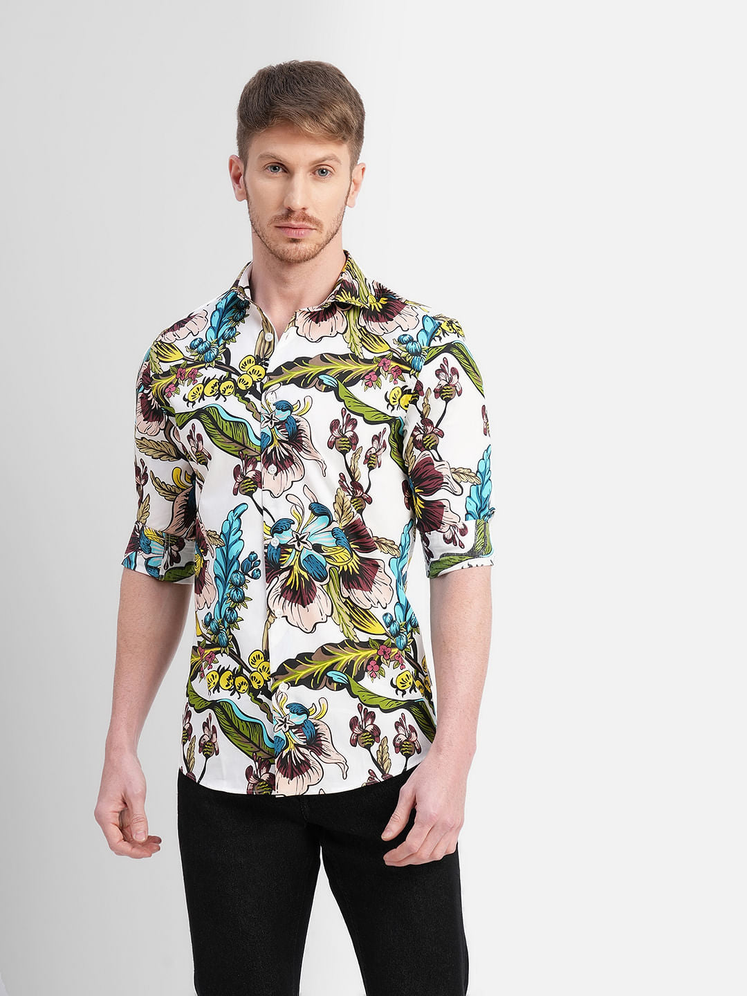 White Floral Print Full Sleeves Shirt