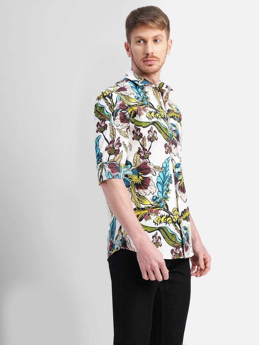 White Floral Print Full Sleeves Shirt