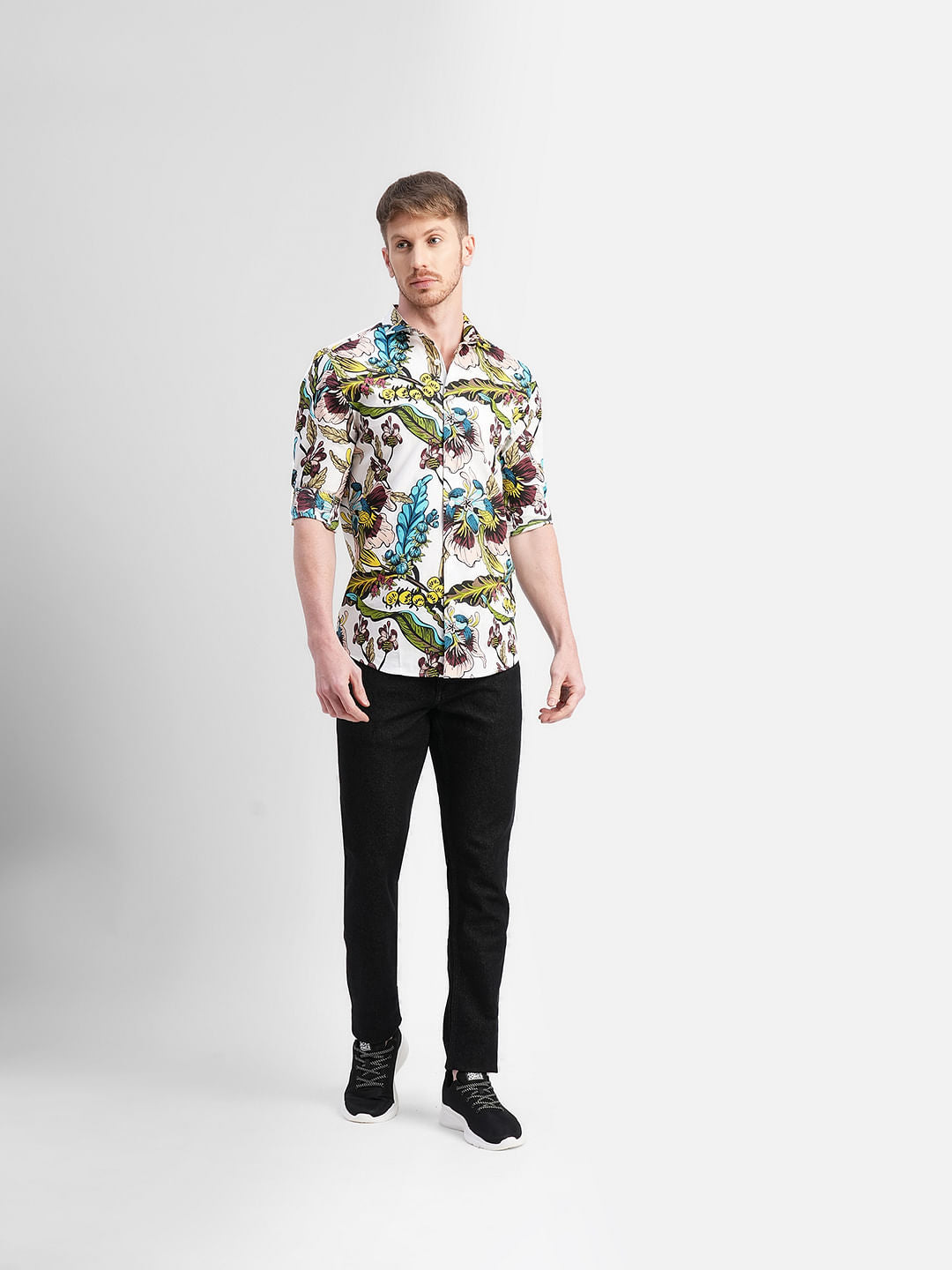 White Floral Print Full Sleeves Shirt