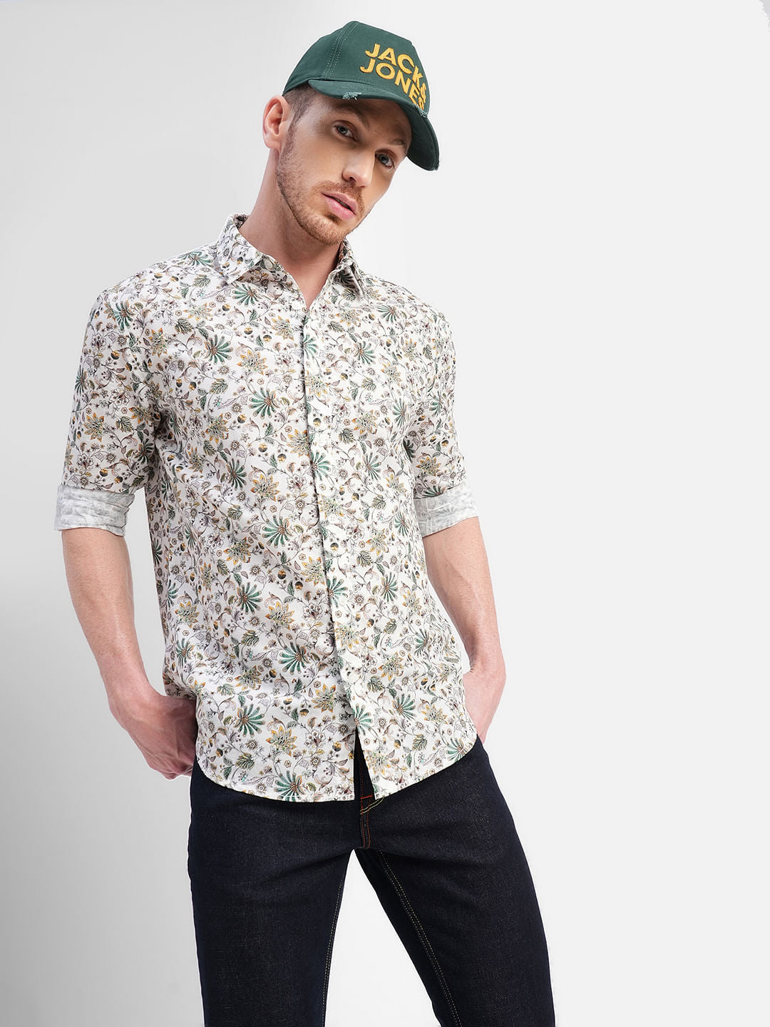 White Floral Print Full Sleeves Shirt