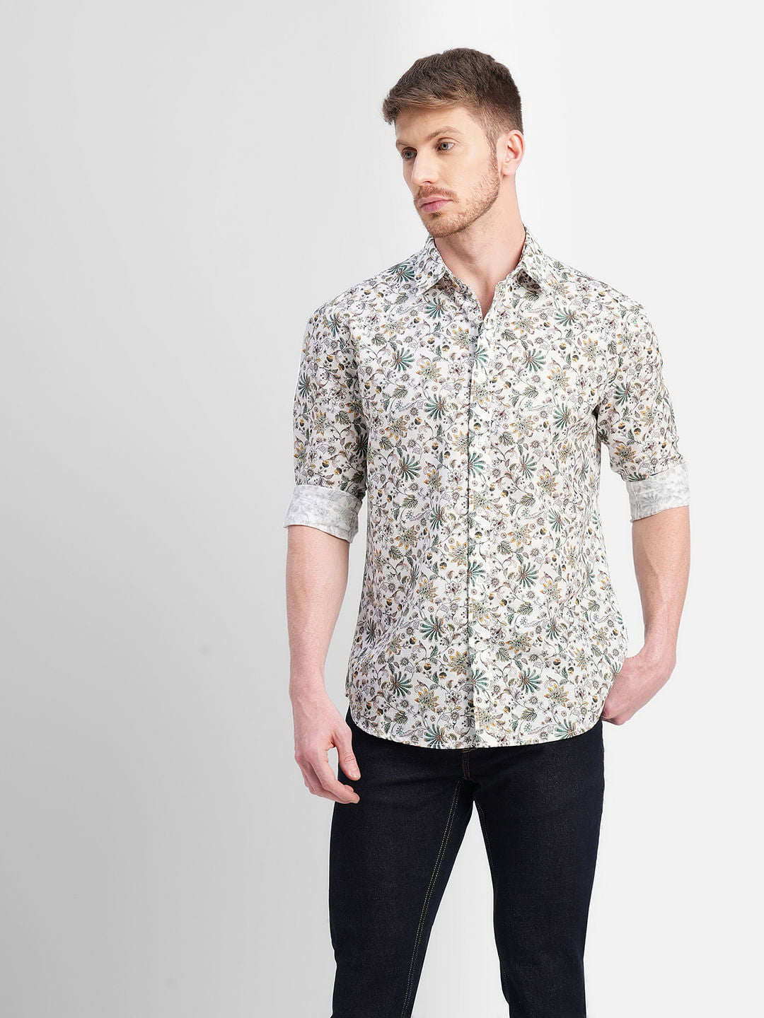 White Floral Print Full Sleeves Shirt