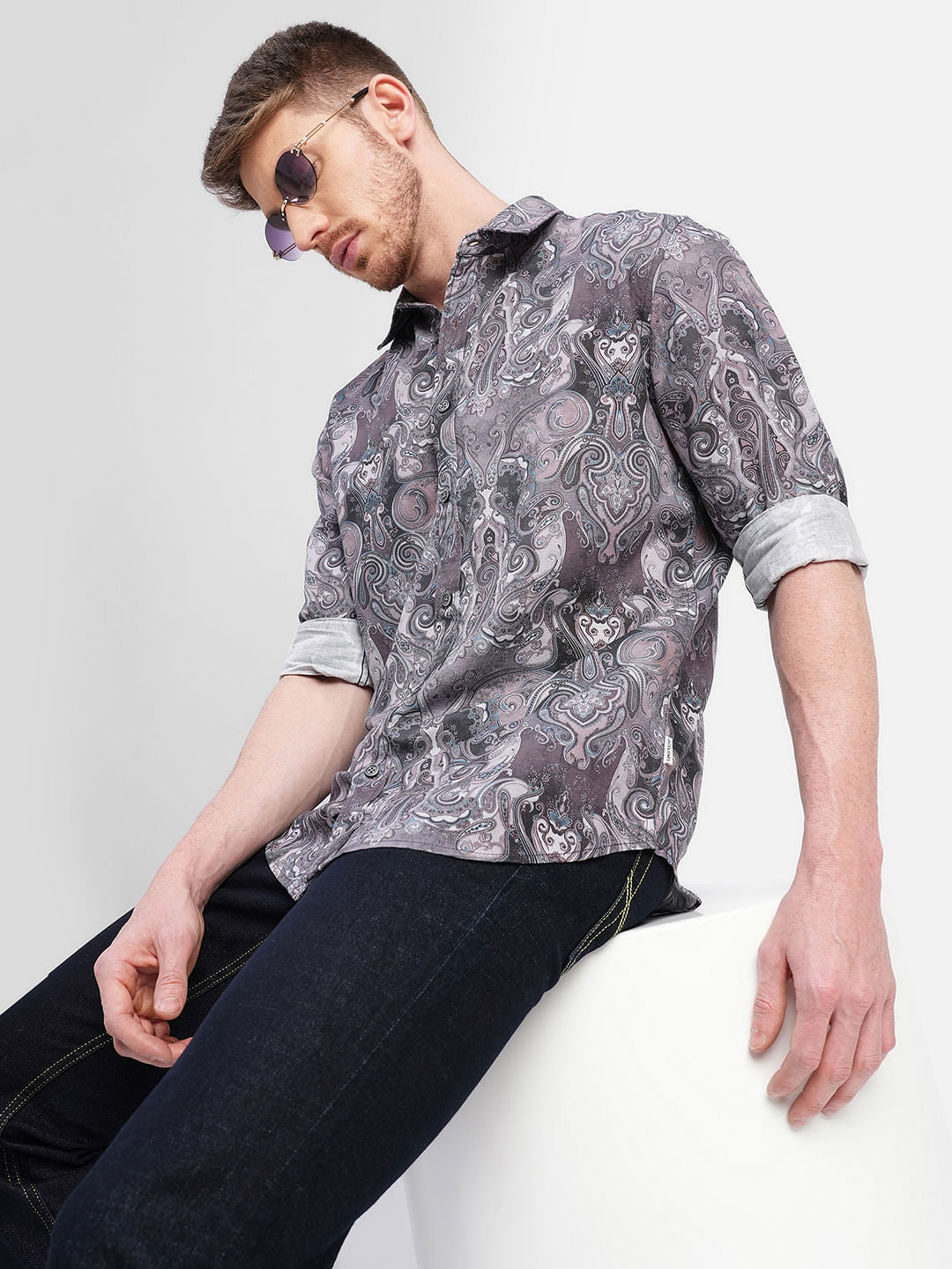 Brown Abstract Print Full Sleeves Shirt - S