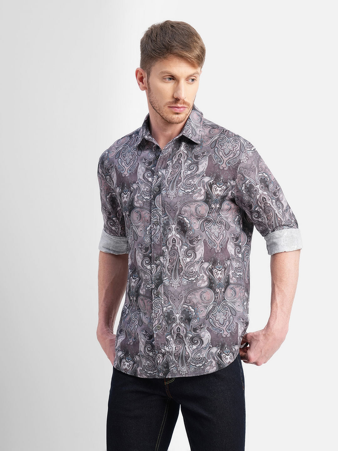Brown Abstract Print Full Sleeves Shirt