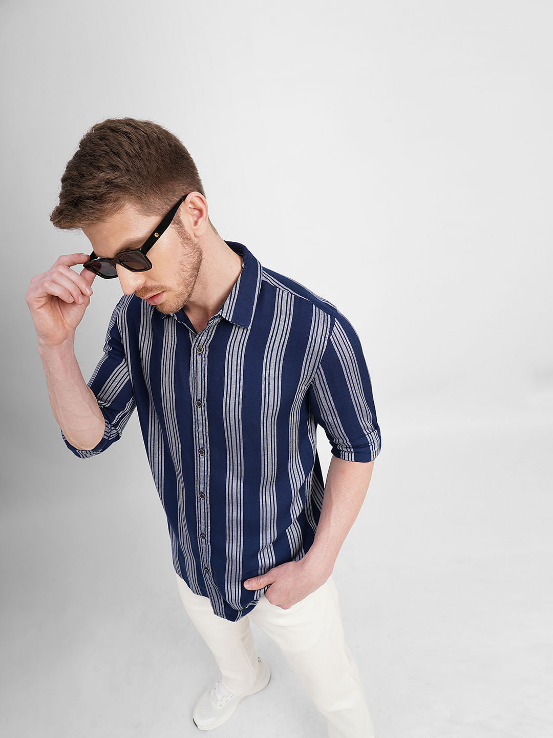 Blue Striped Full Sleeves Shirt - S