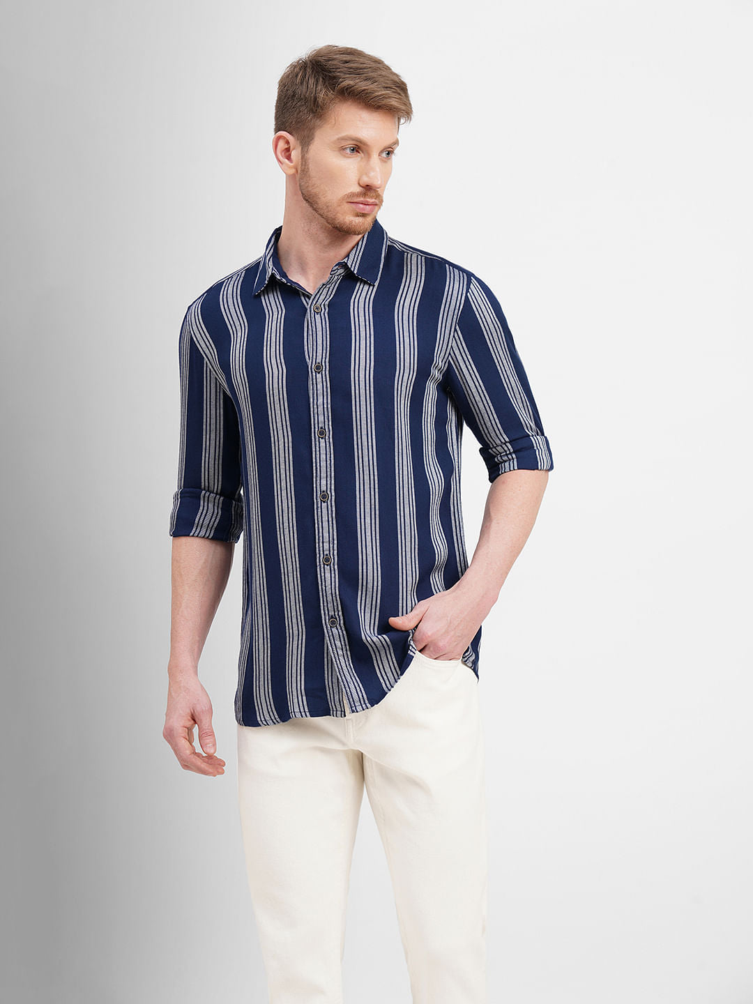 Blue Striped Full Sleeves Shirt