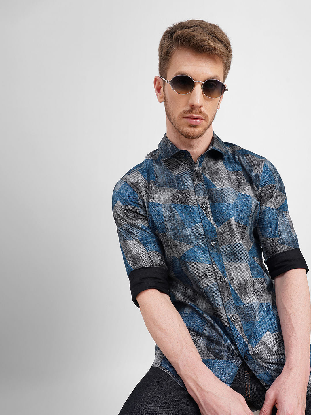 Blue Abstract Print Full Sleeves Shirt - S