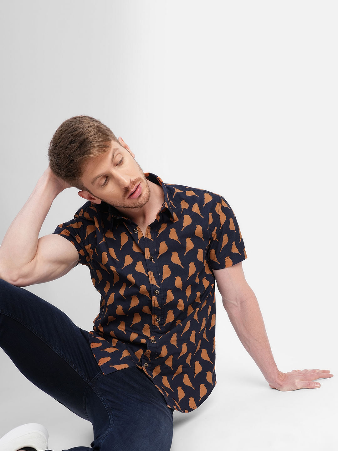 Dark Blue Printed Short Sleeves Shirt