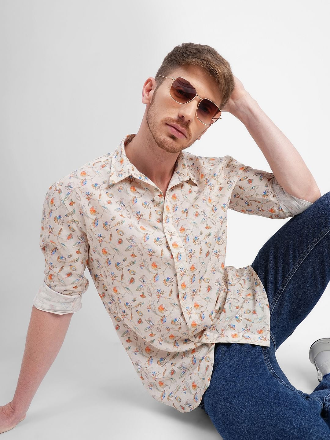 Beige Floral Full Sleeves Shirt - S