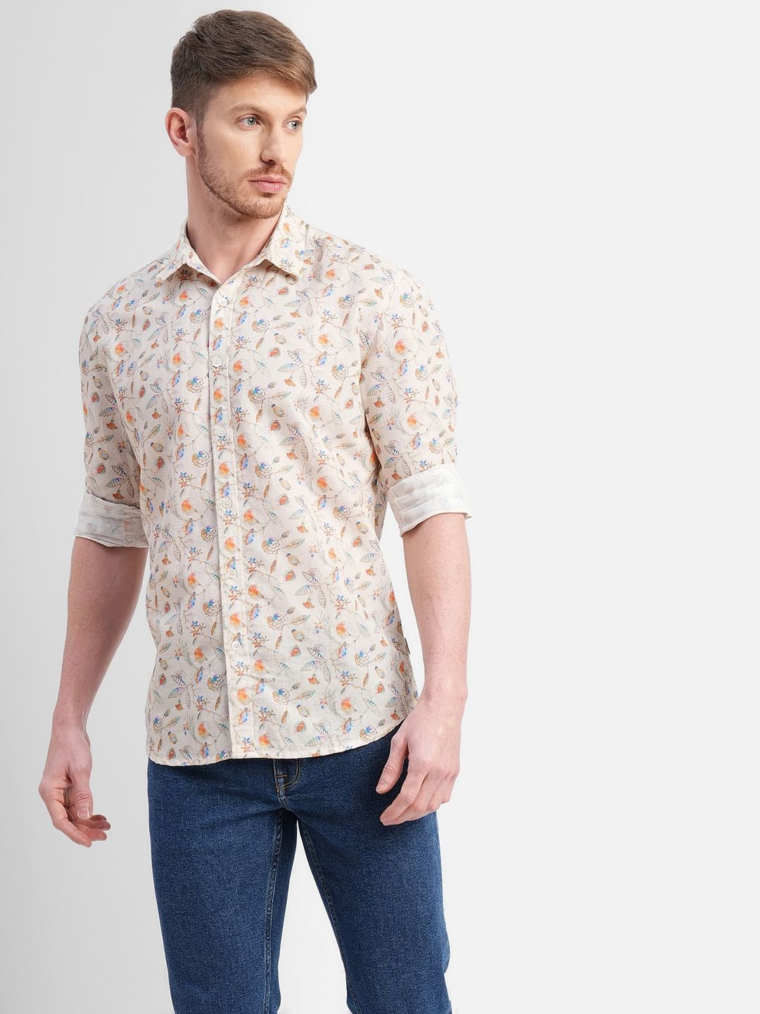 Beige Floral Full Sleeves Shirt