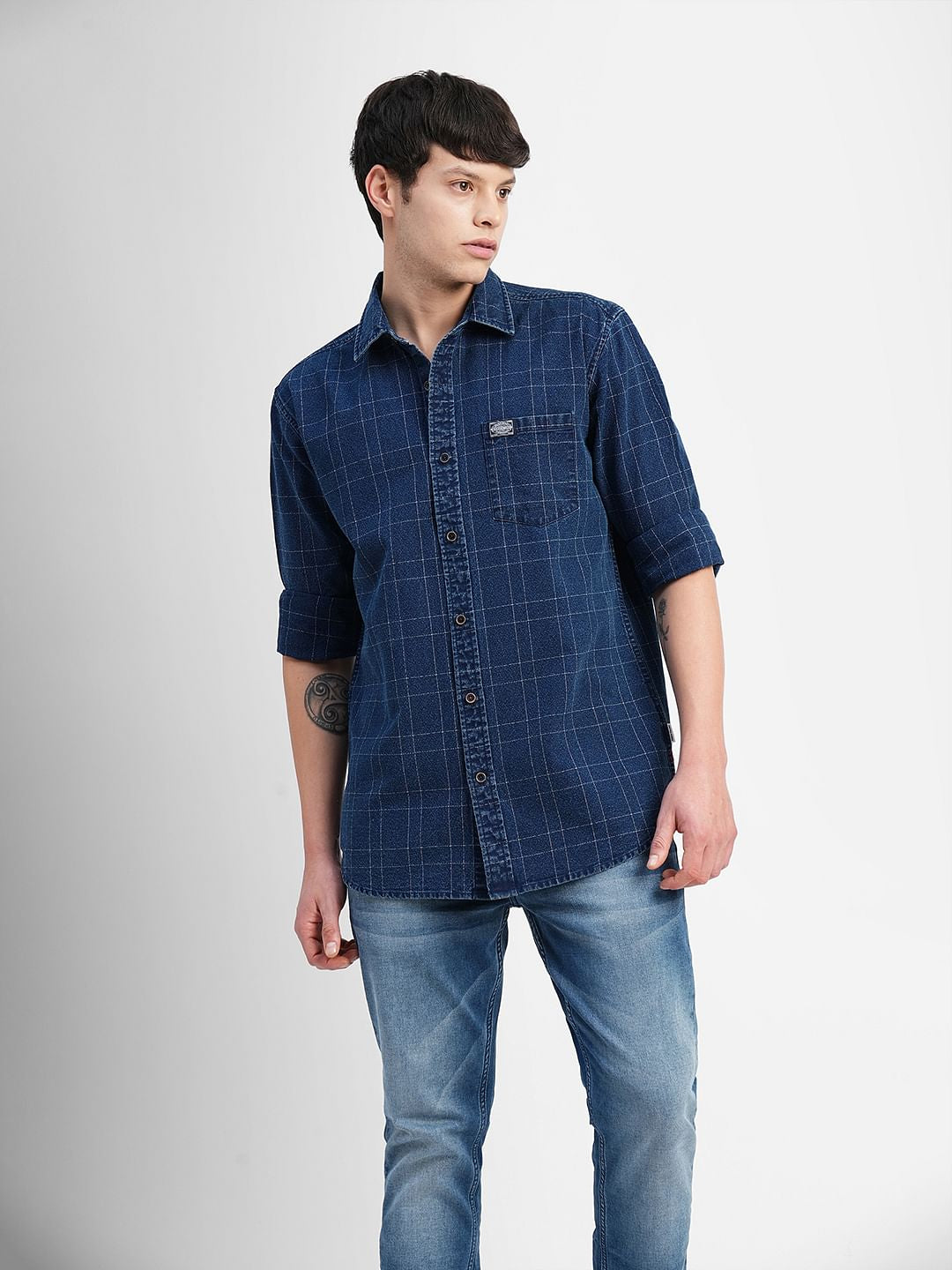 Blue Check Print Denim Shirt
