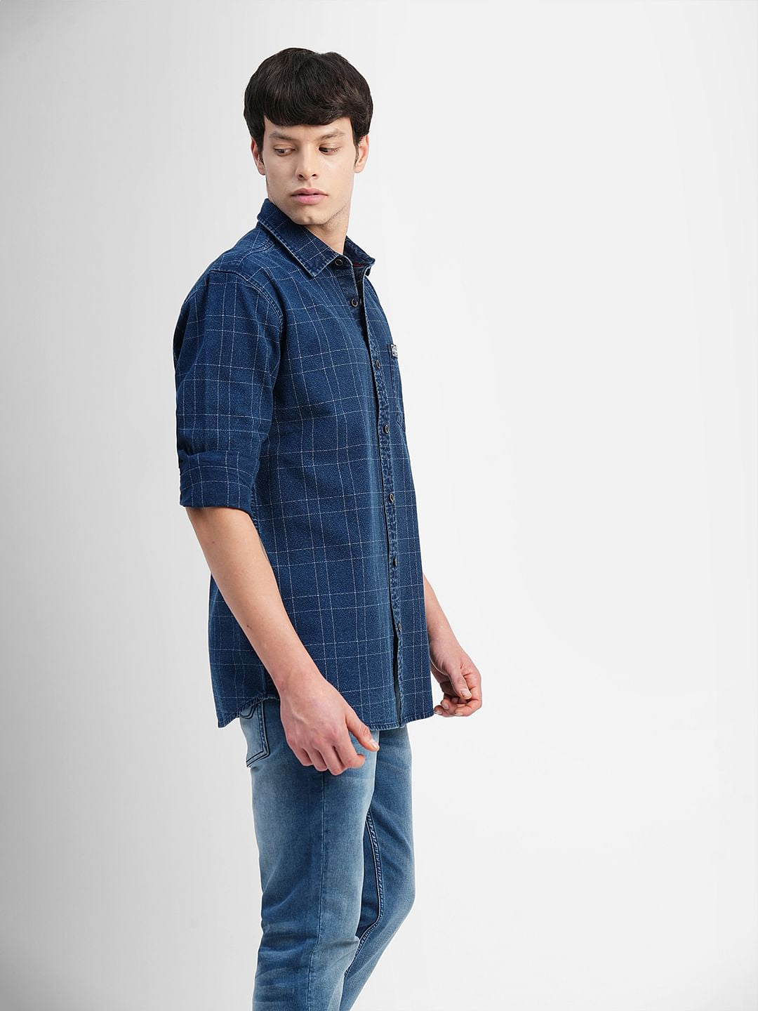 Blue Check Print Denim Shirt