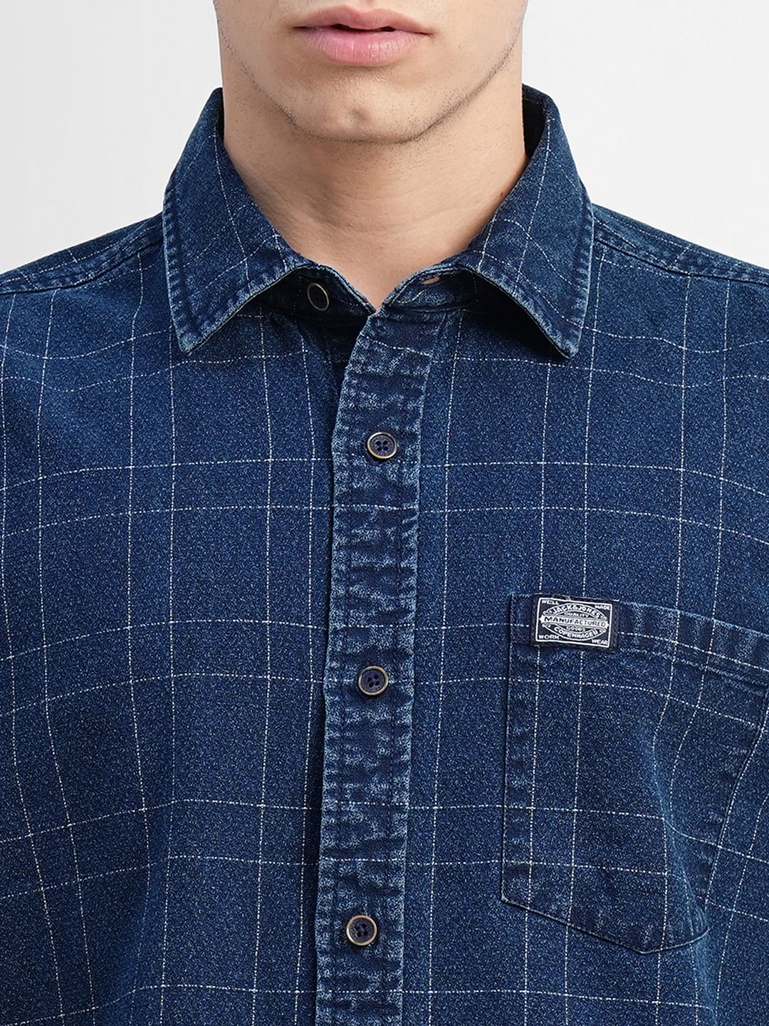 Blue Check Print Denim Shirt