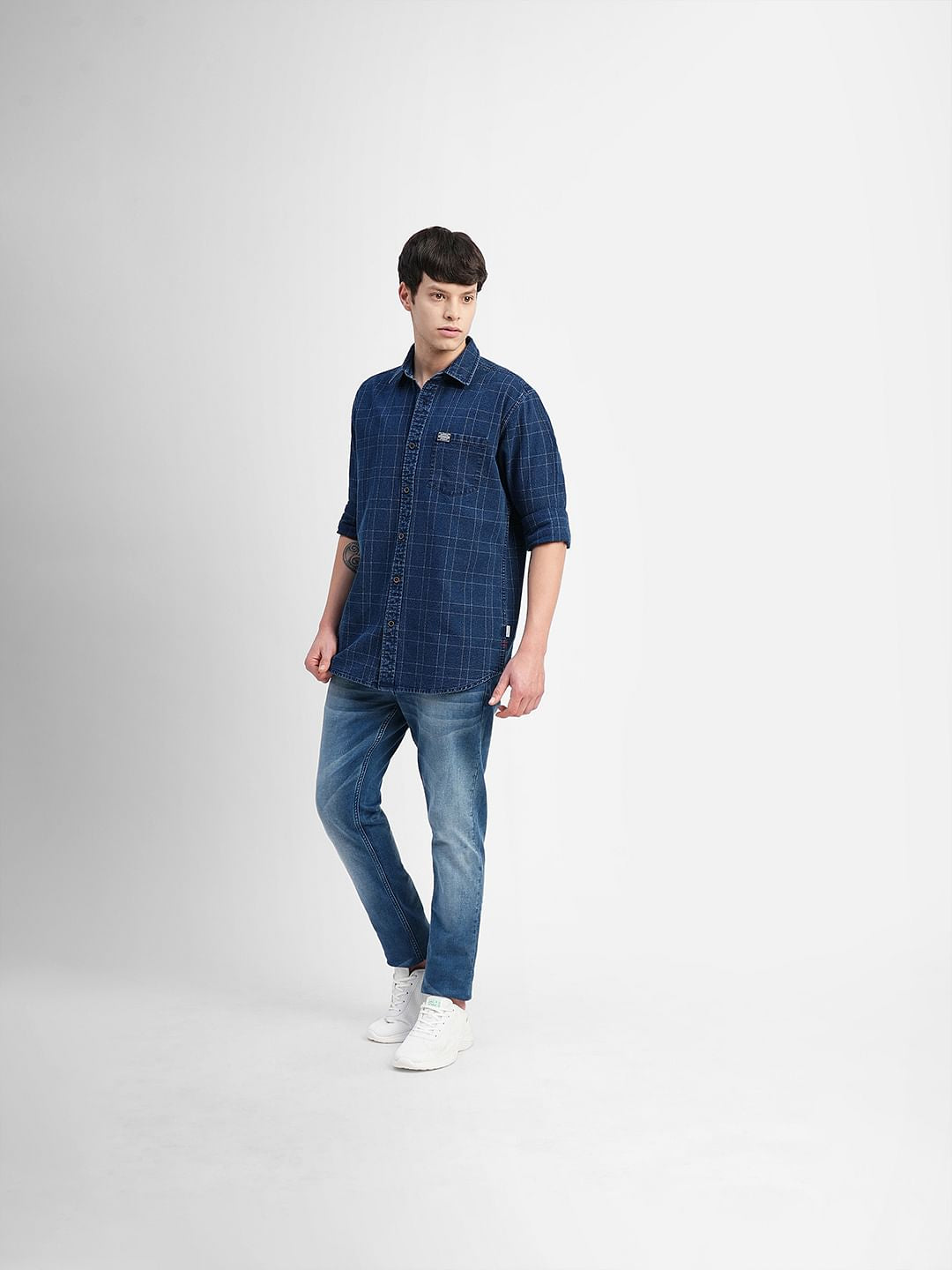 Blue Check Print Denim Shirt