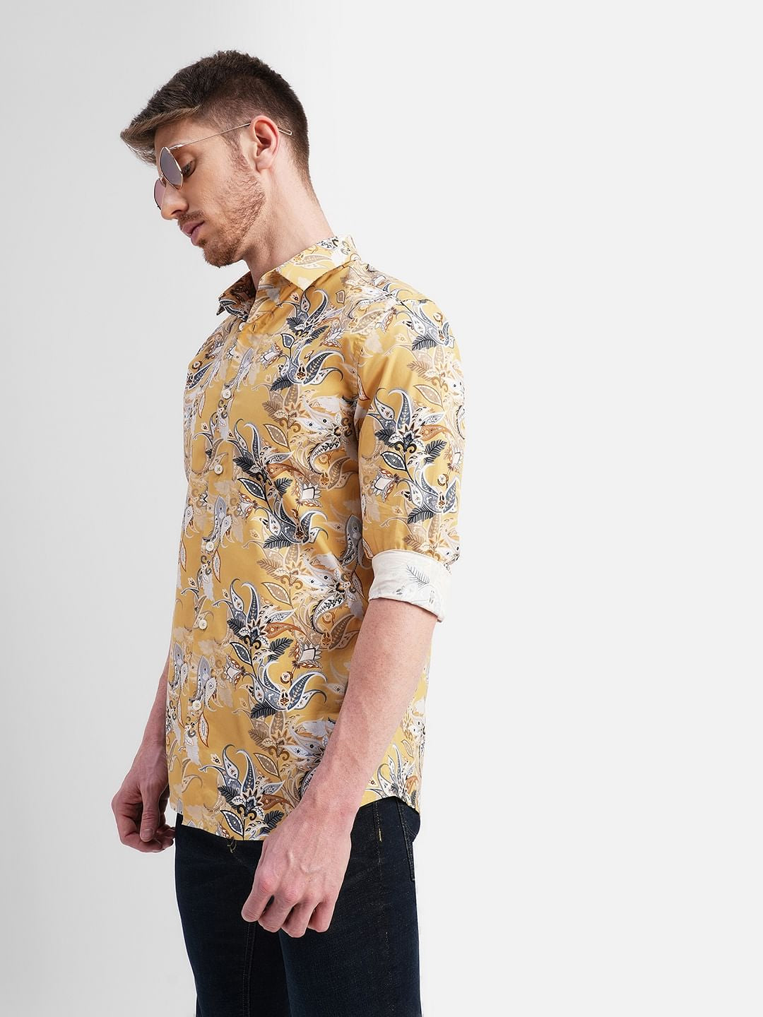 Yellow Floral Full Sleeves Shirt - S
