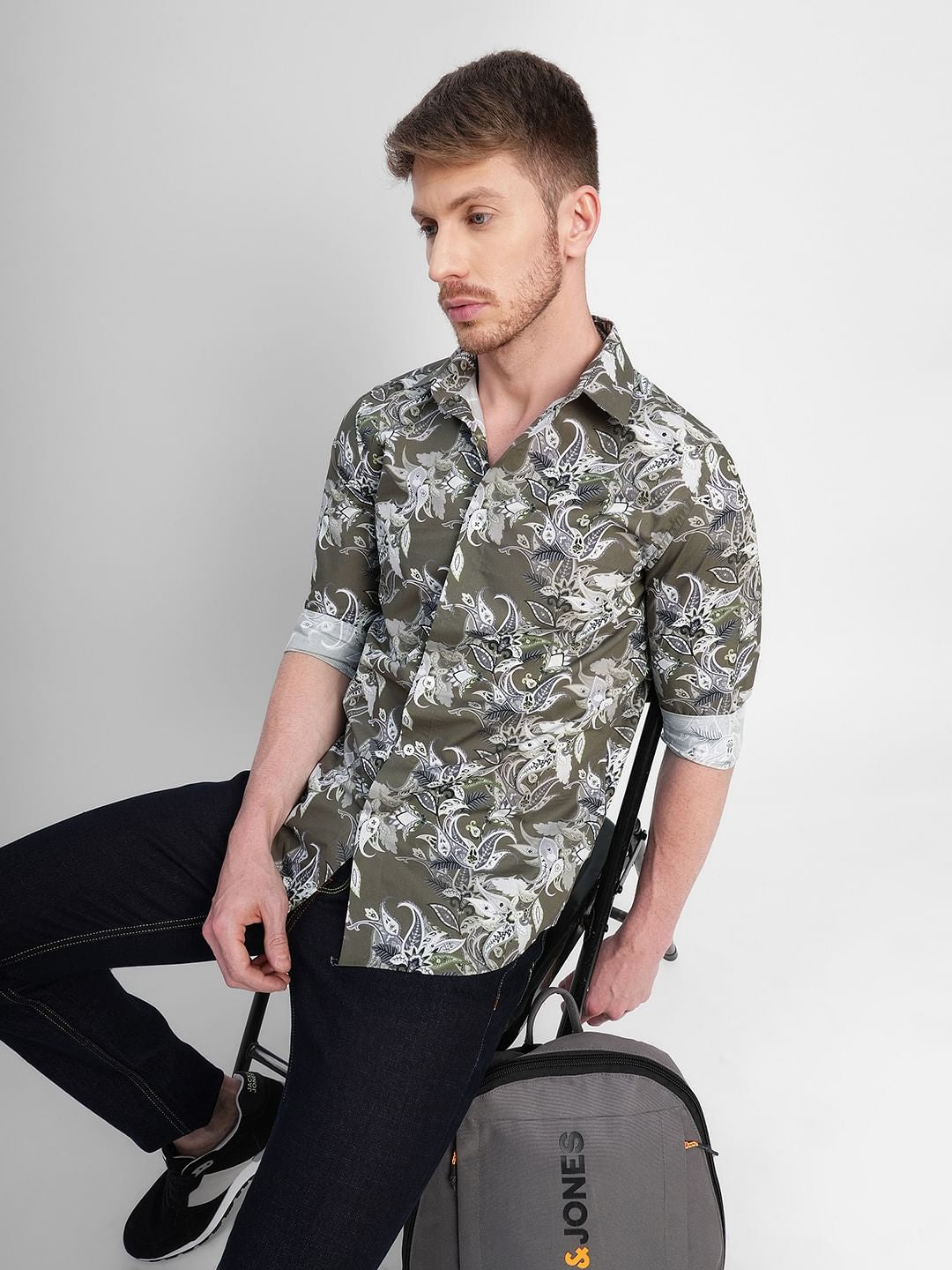 Green Floral Print Full Sleeves Shirt - S