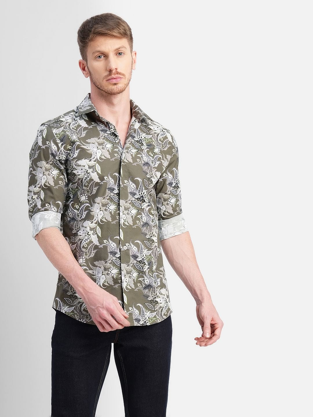 Green Floral Print Full Sleeves Shirt