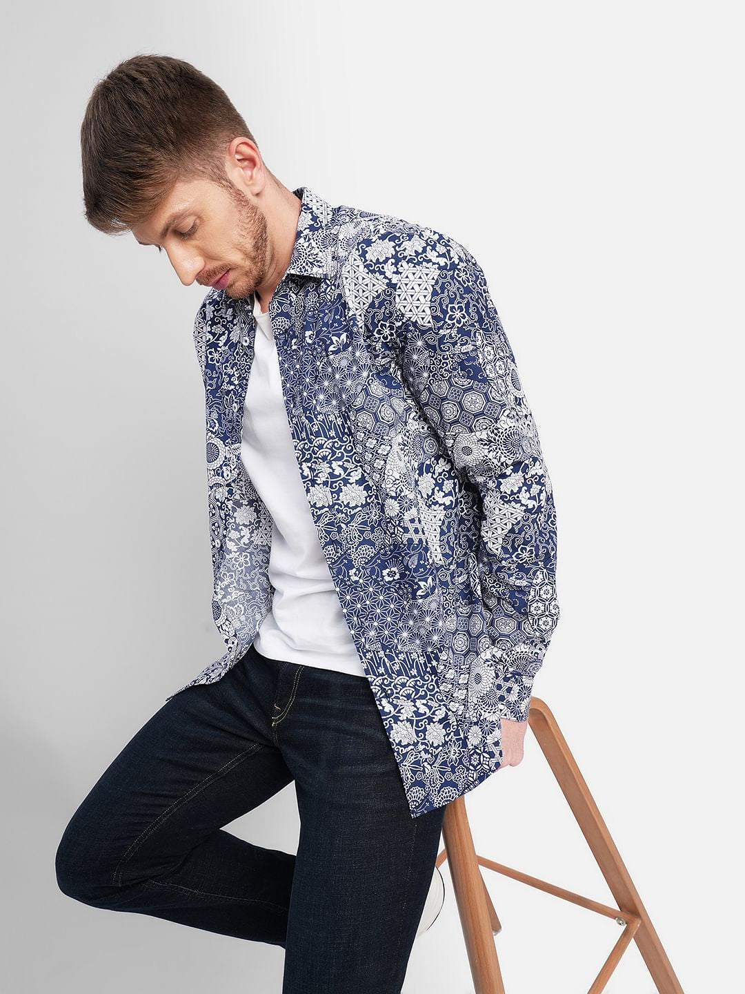 Blue All Over Print Full Sleeves Shirt - S