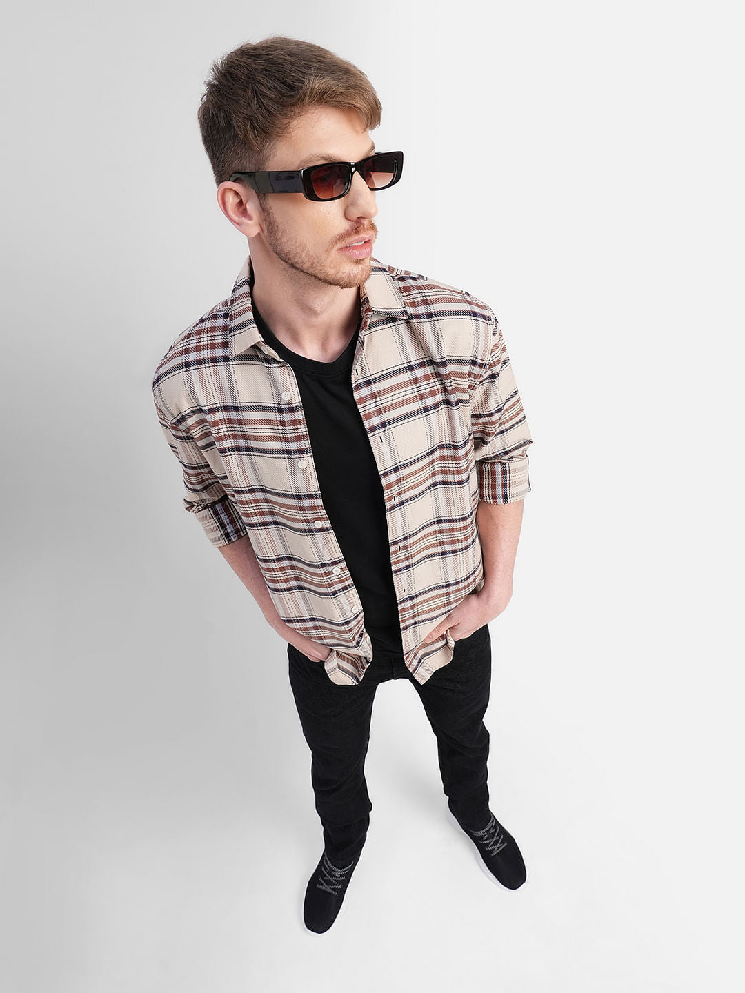 Beige Check Print Full Sleeves Shirt - S