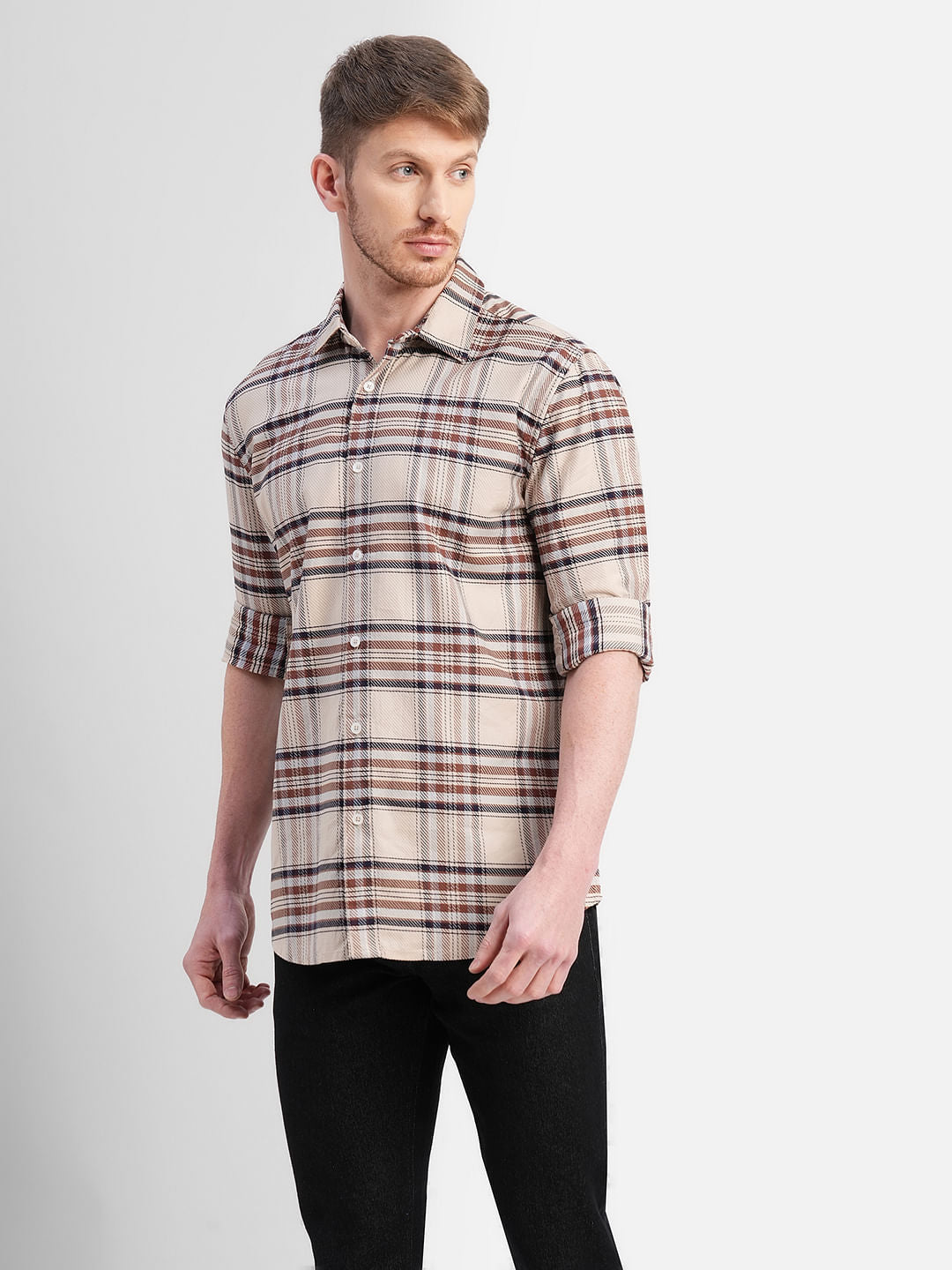 Beige Check Print Full Sleeves Shirt