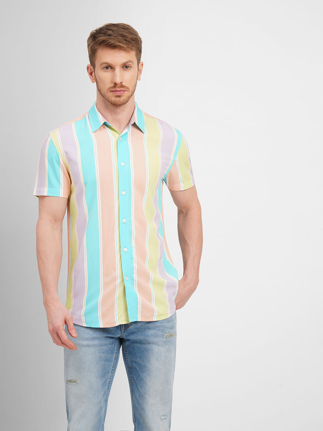 Purple Colourblocked Short Sleeves Shirt