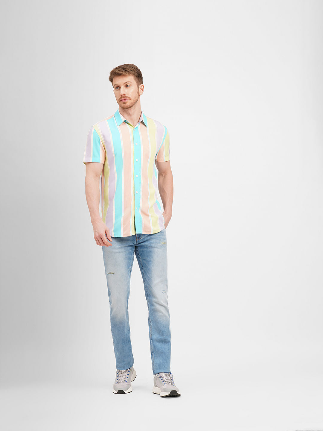 Purple Colourblocked Short Sleeves Shirt