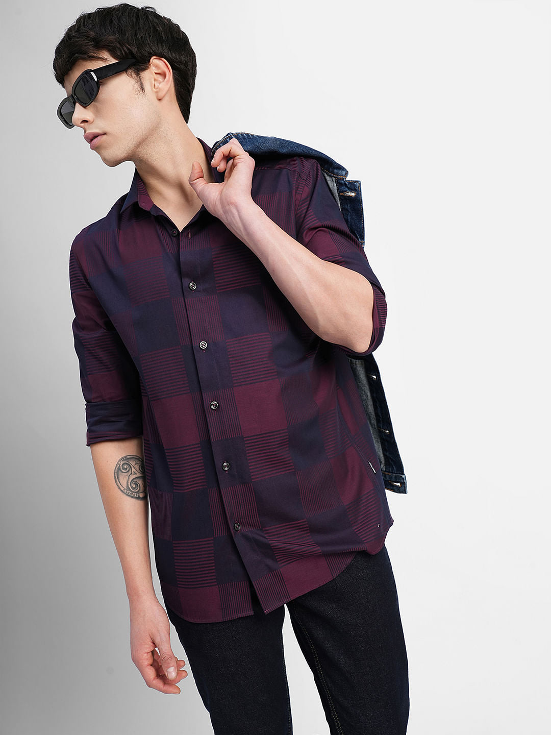 Maroon Check Print Full Sleeves Shirt - S